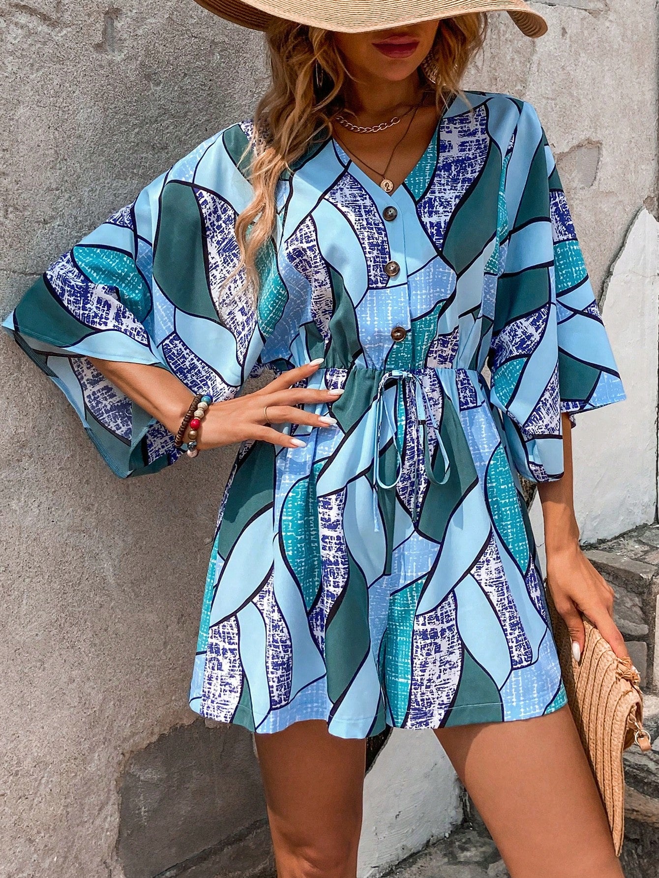 Allover Print Batwing Sleeve Knot Front Romper