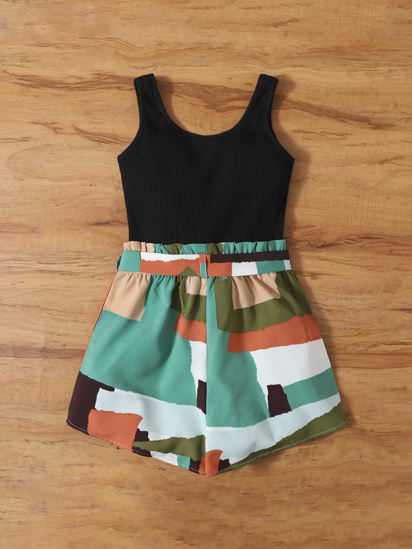 Girls Colorblock Graphic Print Belted Romper