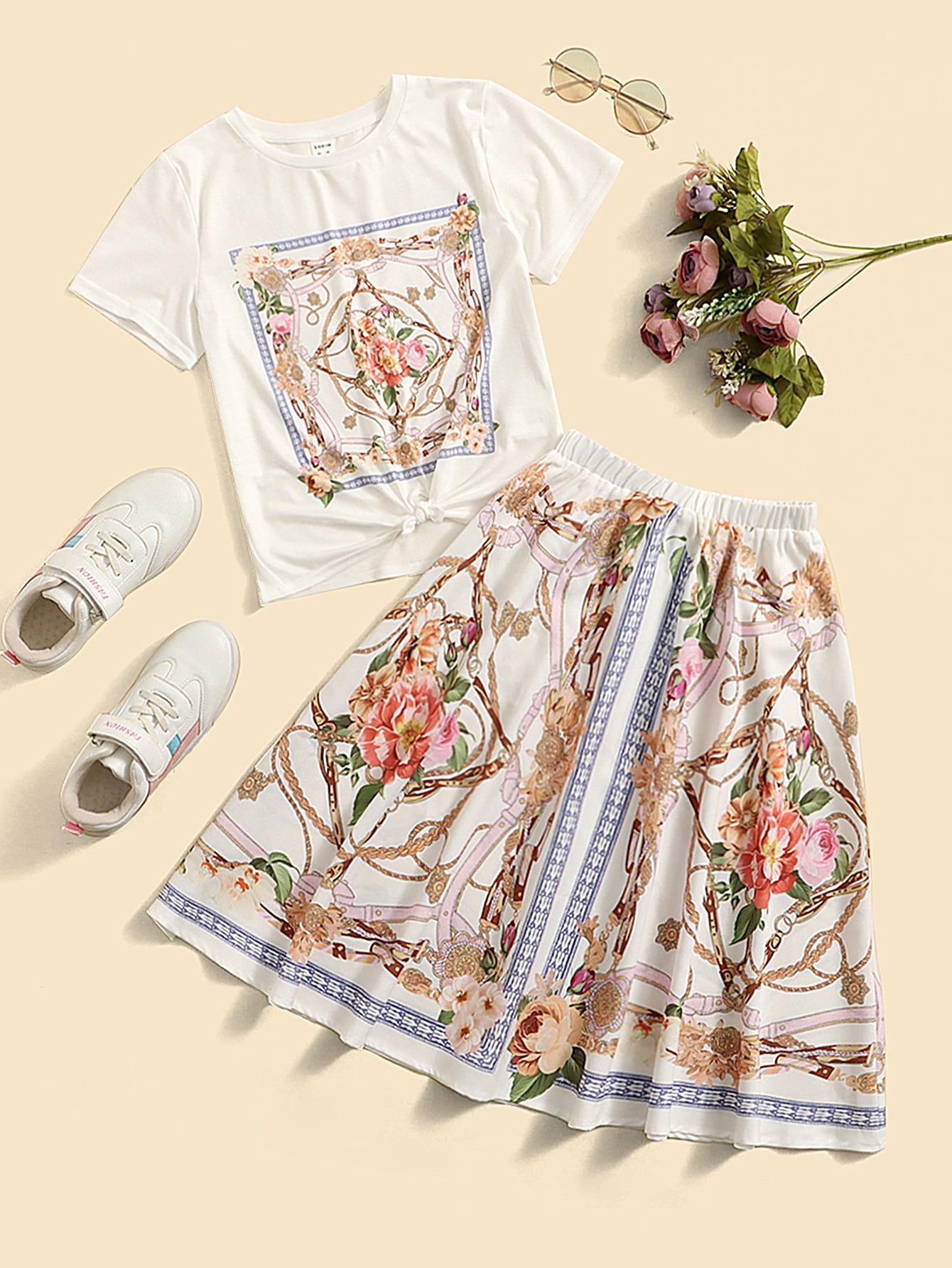 Girls Floral Chain Print Tee Skirt