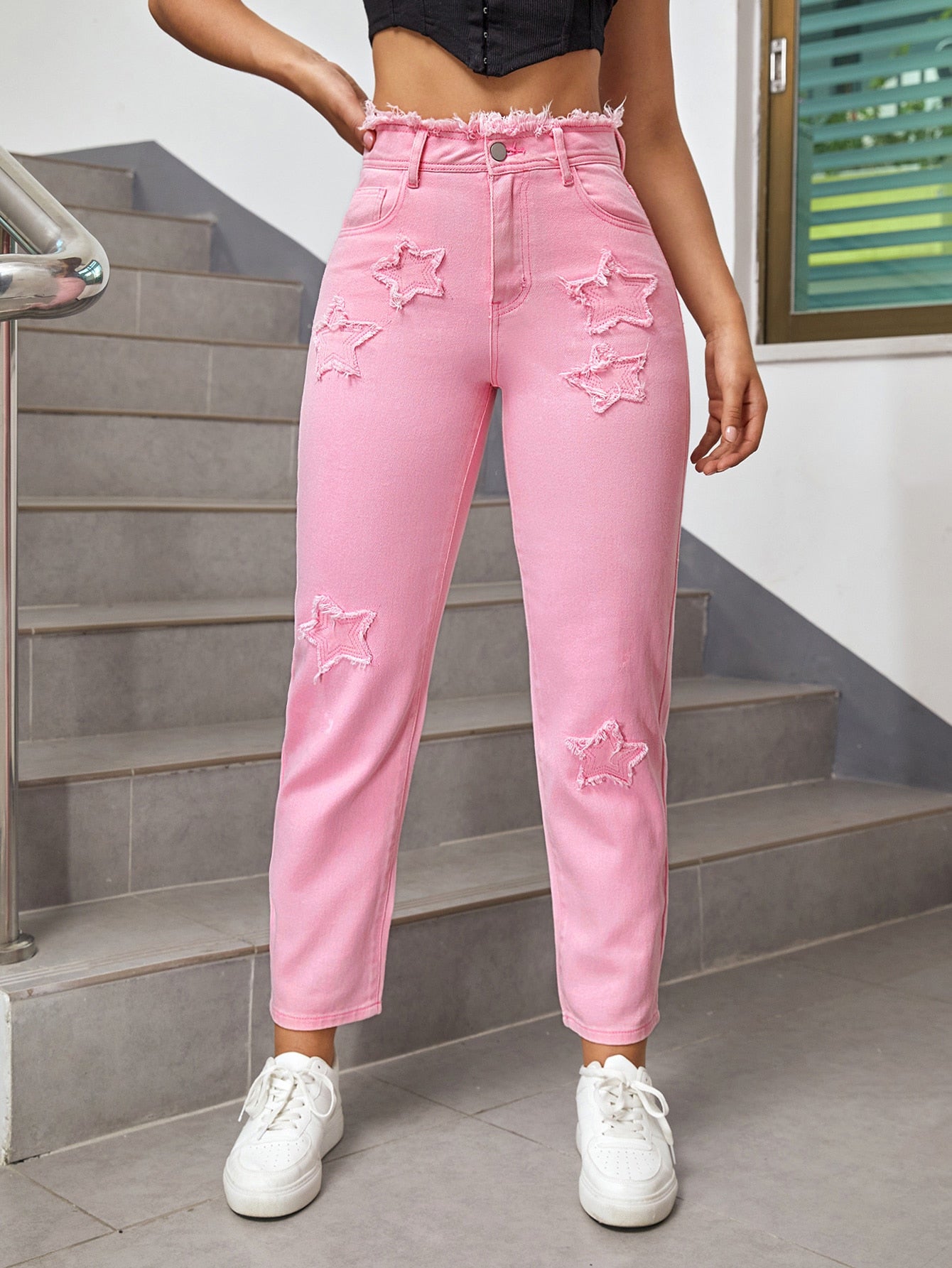 Trim Star Patched Mom Fit Jeans