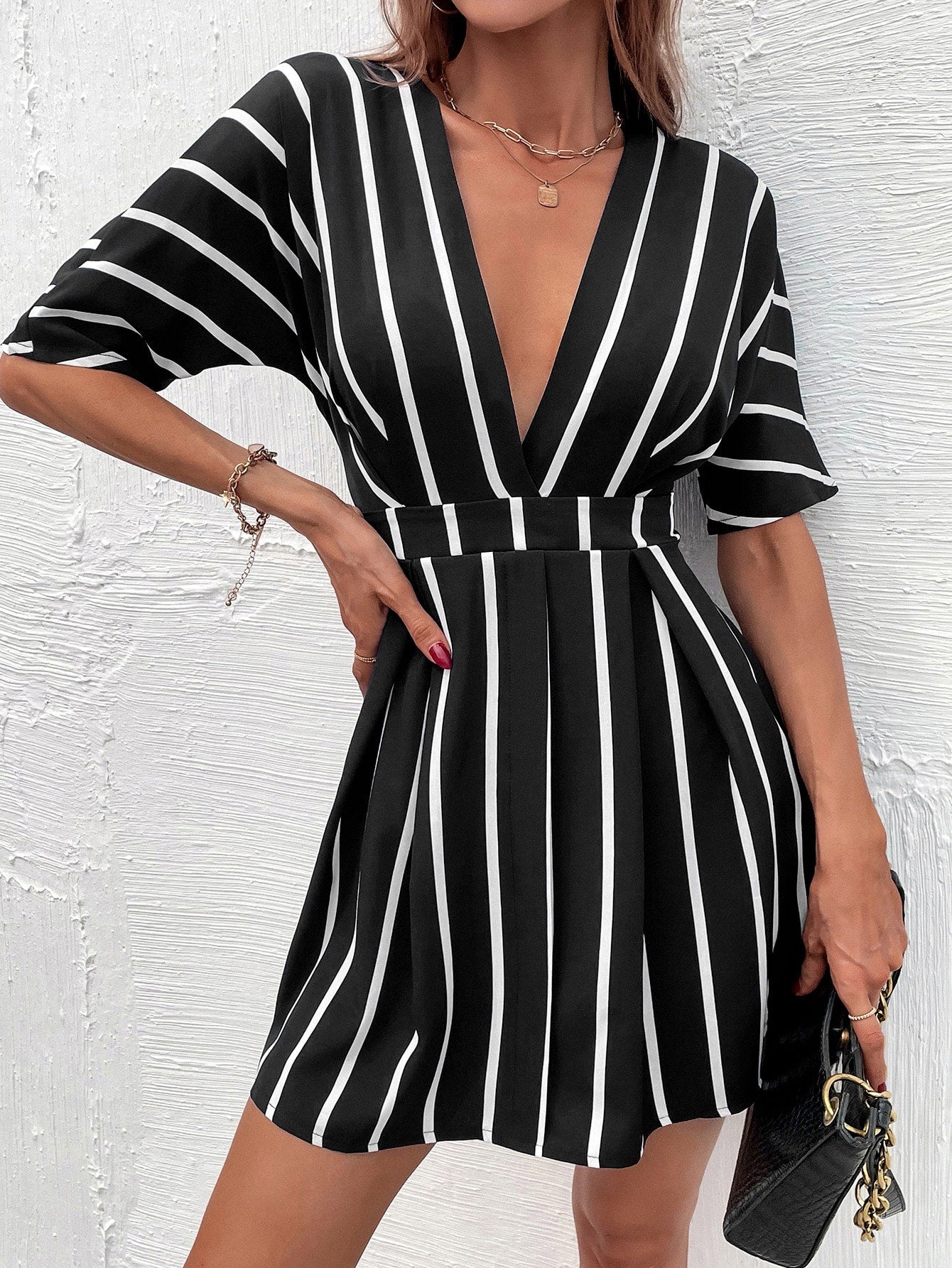 Unity Striped Plunging Neck A line Dress