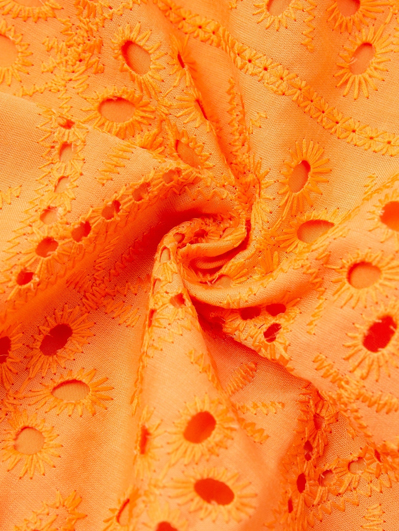 Neon Orange Eyelet Embroidered Puff Sleeve Wrap Dress