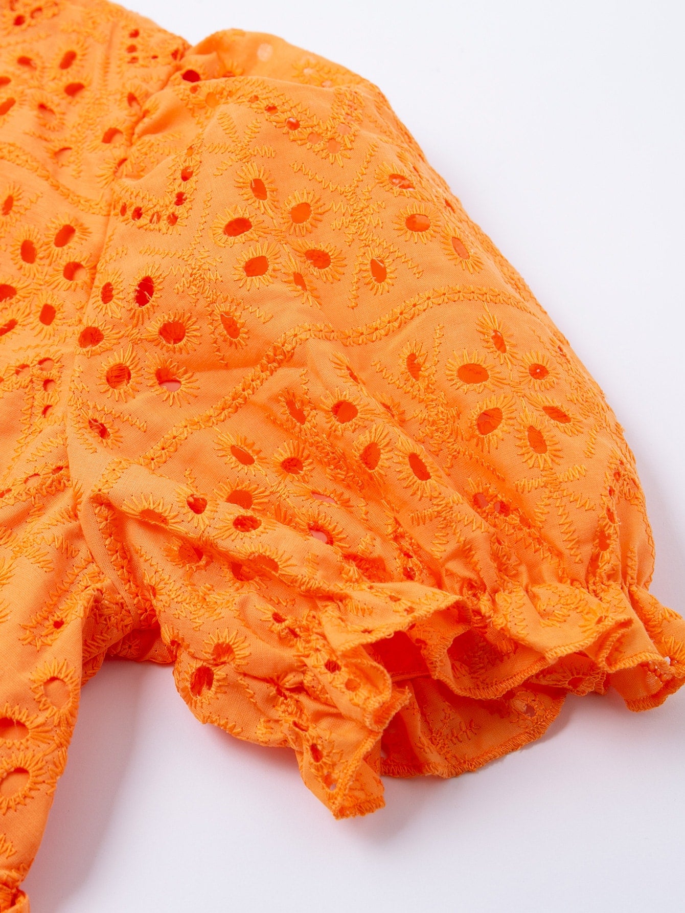 Neon Orange Eyelet Embroidered Puff Sleeve Wrap Dress