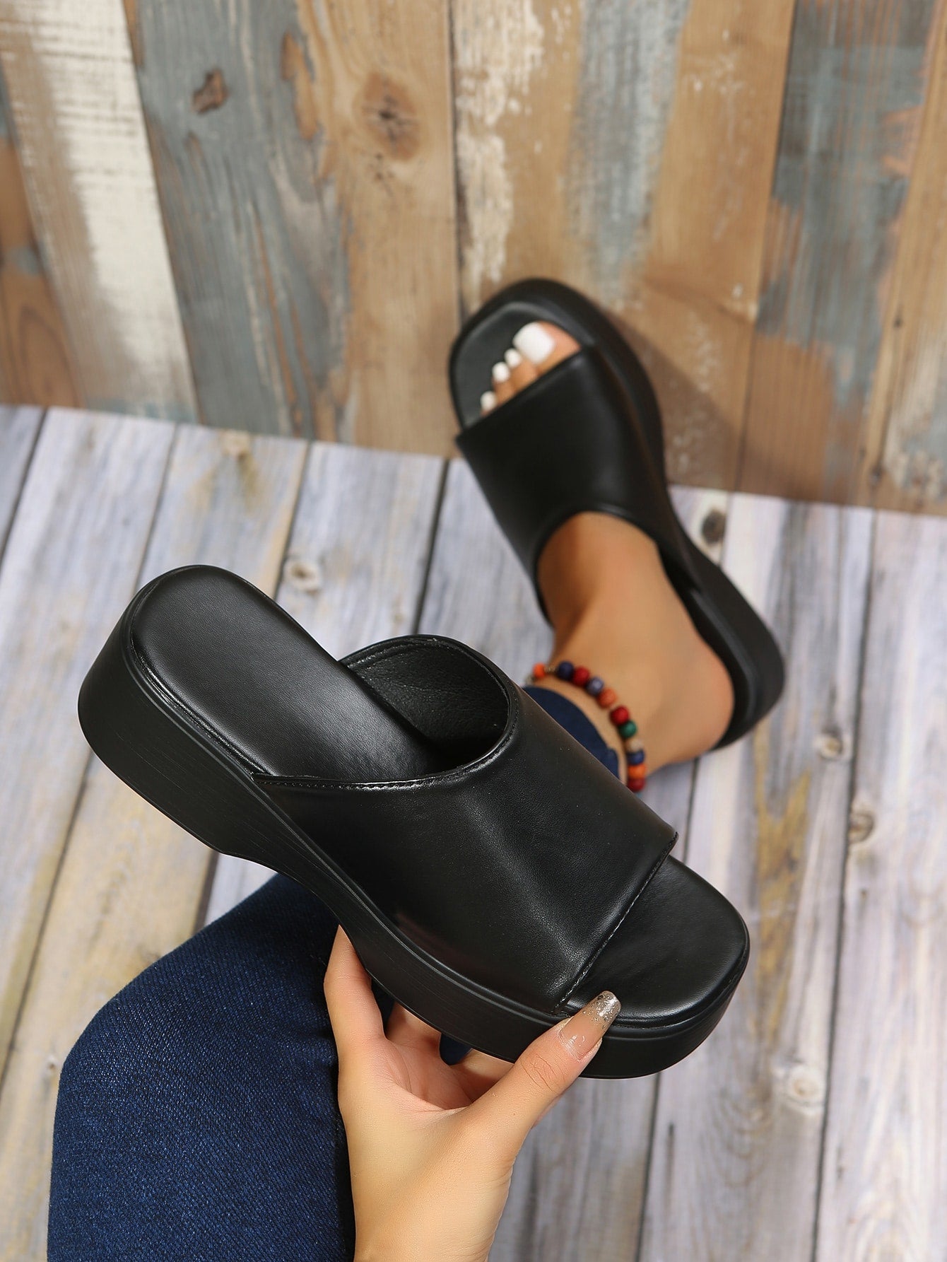 Women Single Band Flatform Slide Black Wedge Sandals