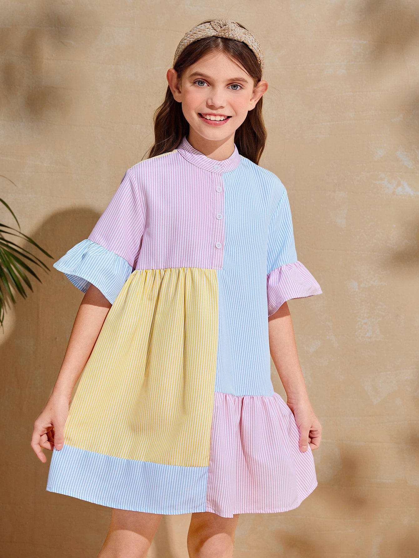 Girls Striped Color Block Flounce Sleeve Smock Dress