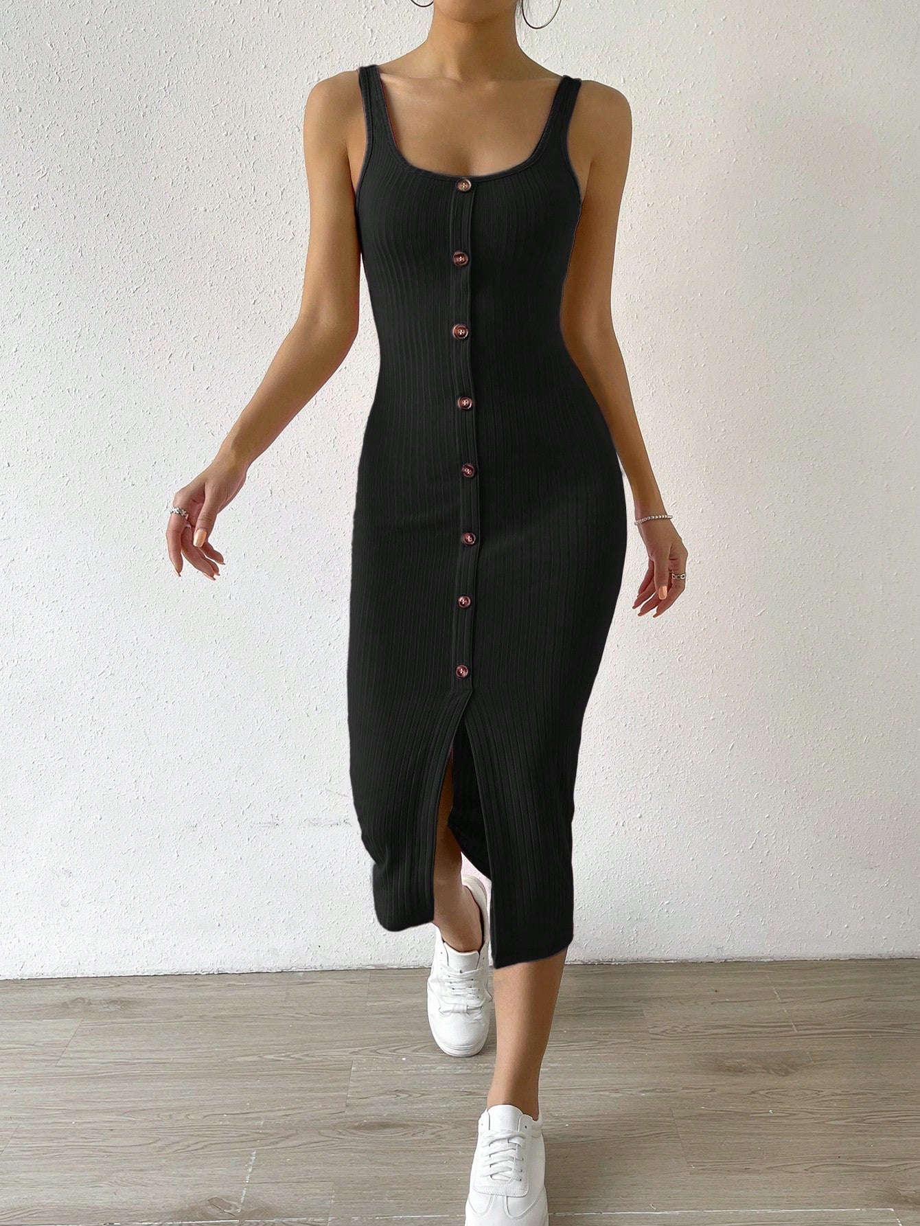 Button Front Ribbed Knit Tank Dress