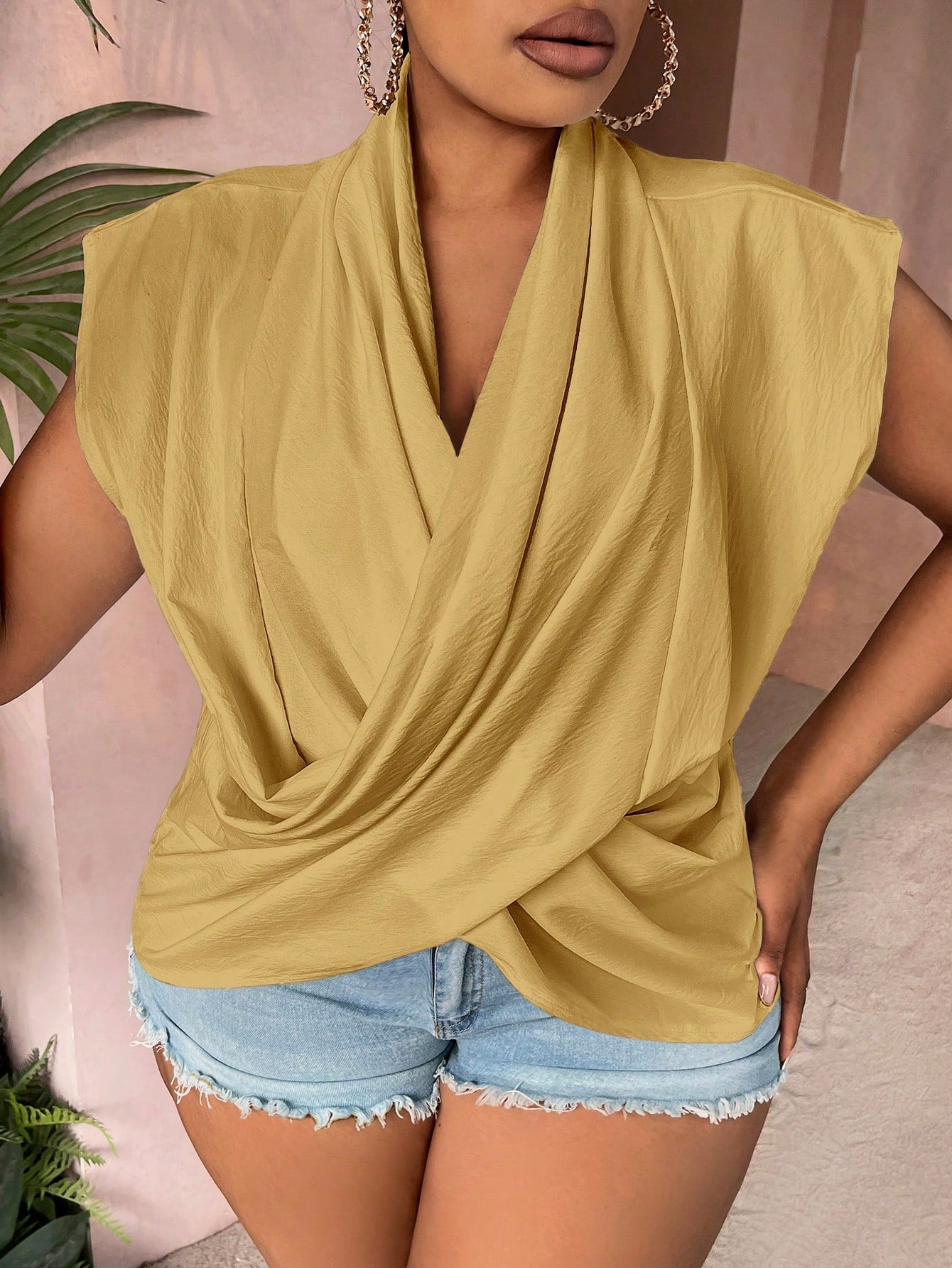FIGARO SXY Plus Solid Crossover Draped Front Sleeveless Blouse