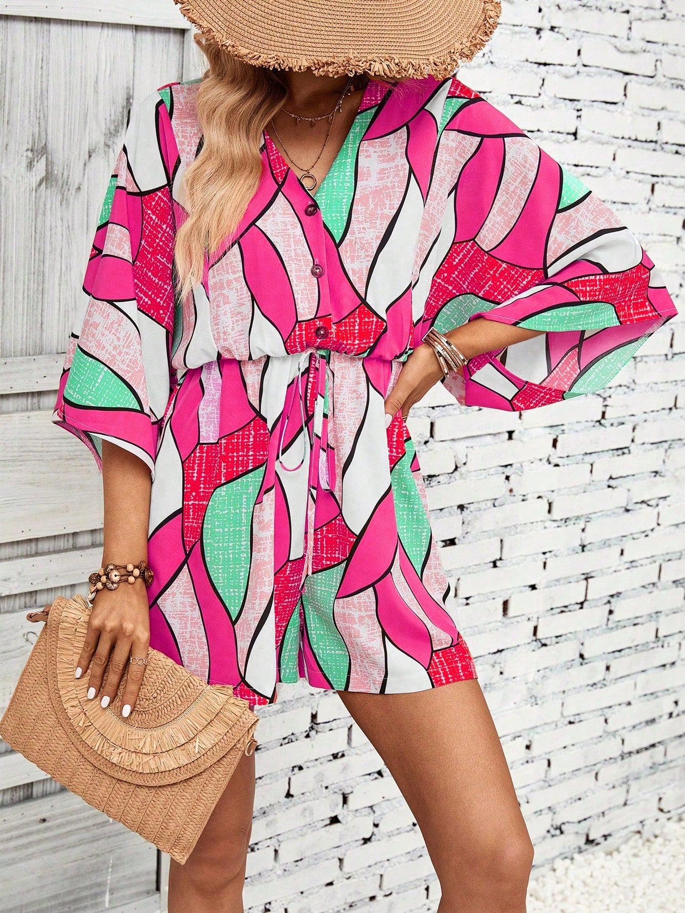 Allover Print Batwing Sleeve Knot Front Romper